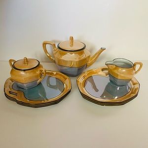 Vintage RS Germany Porcelain PeachTurquoise Tea Pot Creamer Sugar & Six Plates